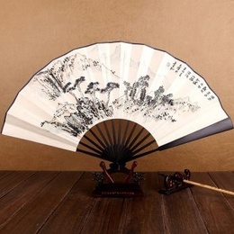 Yapay Abanoz El Çizilmiş Kaligrafi ve Boyama Beyaz Katlanır Fan 33cm