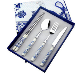 Conjunto de vajilla de estilo chino, palillo cuchara, tenedor, tenedor, porcelana azul y blanca