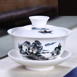 Dehua porcelain & hand-painted picture ceramic whiteware covered bowl ; Style5 Natural Village Household