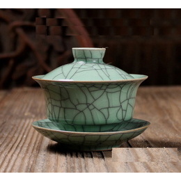 Longquan celadon & Geyao and Diyao covered bowl for chinese kung fu tea ; Geyao plum green & iron wire 160ml