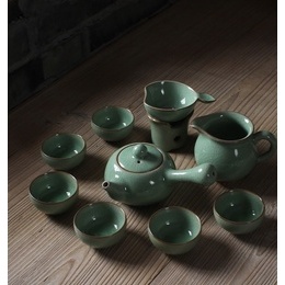 Longquan celadon creative longer handle tea-pot & public cup & six tea cups & tea strainer ; Geyao plum green crackle glaze ware