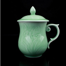 Longquan celadon ceramic tea cup with lid office cup embossed plum, orchid, bamboo, chrysanthemum cup ; Style2