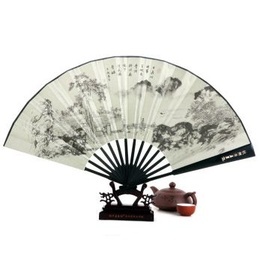 Artificial Ebony Hand Drawn Painting White Folding Fan West Lake Collection