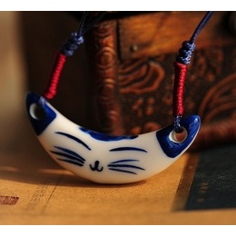 Cute Long Face Kitty White and Blue Necklace