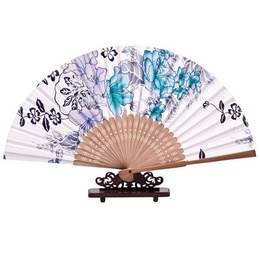 Handmade Chinese Hand Fan Cheongsam Style Blue Lotus Dream