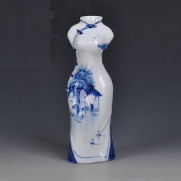 Jingdezhen keramika, high-grade ručně malované modré a bílé Cheongsam a Tang oblek ve tvaru vázy, klasické etnické styly řemeslné ozdoby Style3