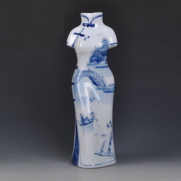 Jingdezhen ceramics, high-grade hand-painted blue and white Cheongsam and Tang suit shaped vase, classical ethnic style crafts ornaments Style7