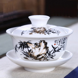 Dehua porcelain & hand-painted picture ceramic whiteware covered bowl ; Style1 Zheng Banqiao bamboo work 