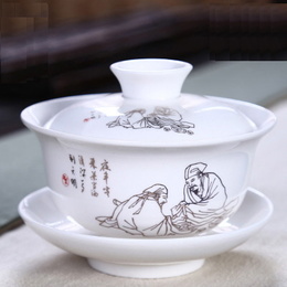 Dehua porcelain & hand-painted picture ceramic whiteware covered bowl ; Style2 Tea sage picture