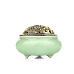 Longquan celadon ; Diyao plum green tripod burner with copper imitation and peony shape design lid