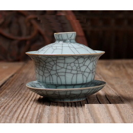 Longquan celadon & Geyao and Diyao covered bowl for chinese kung fu tea ; Geyao power blue & iron wire 160ml