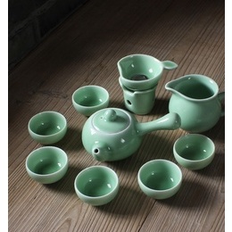 Longquan celadon creative longer handle tea-pot & public cup & six tea cups & tea strainer ; Diyao plum green