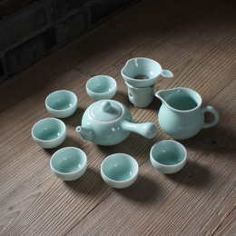 Longquan celadon creative longer handle tea-pot & public cup & six tea cups & tea strainer ; Diyao powder blue