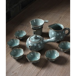 Longquan celadon kreativ længere håndtag te-pot & offentlige kop og seks te kopper og te silen; Geyao power blue med stippling blæk