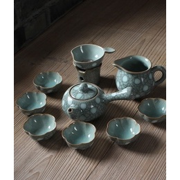 Longquan celadon creative longer handle tea-pot & public cup & six tea cups & tea strainer ; Geyao power blue with stippling ink