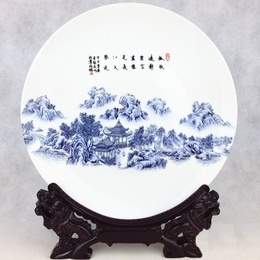 Jingdezhen porcelain & Li po's poem & hills & bower picture decorative plate ; Sryle1