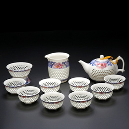 Porcelaine de Jingdezhen et porcelaine évidée et porcelaine bleue et blanche et ensemble de thé de kung-fu et 11 morceaux beaucoup; Style3